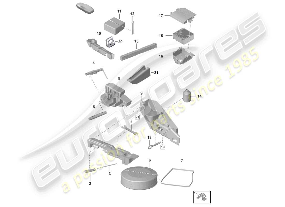 porsche 2021 (992-1 gt3/rs/st) diagrama de piezas del kit de reparación de botiquín de primeros auxilios con triángulo de advertencia y gato hidráulico