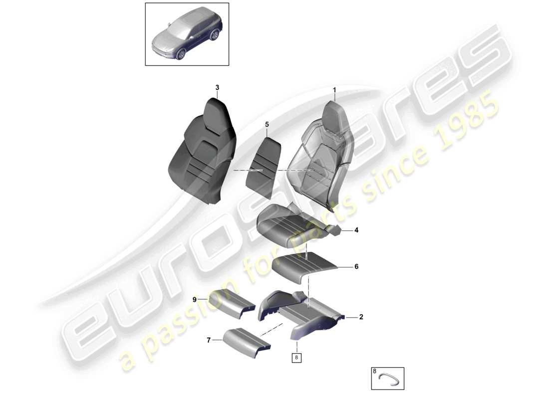 porsche 2022 (cayenne e3 9ya/9yb) parte de espuma funda de asiento asiento deportivo diagrama de piezas