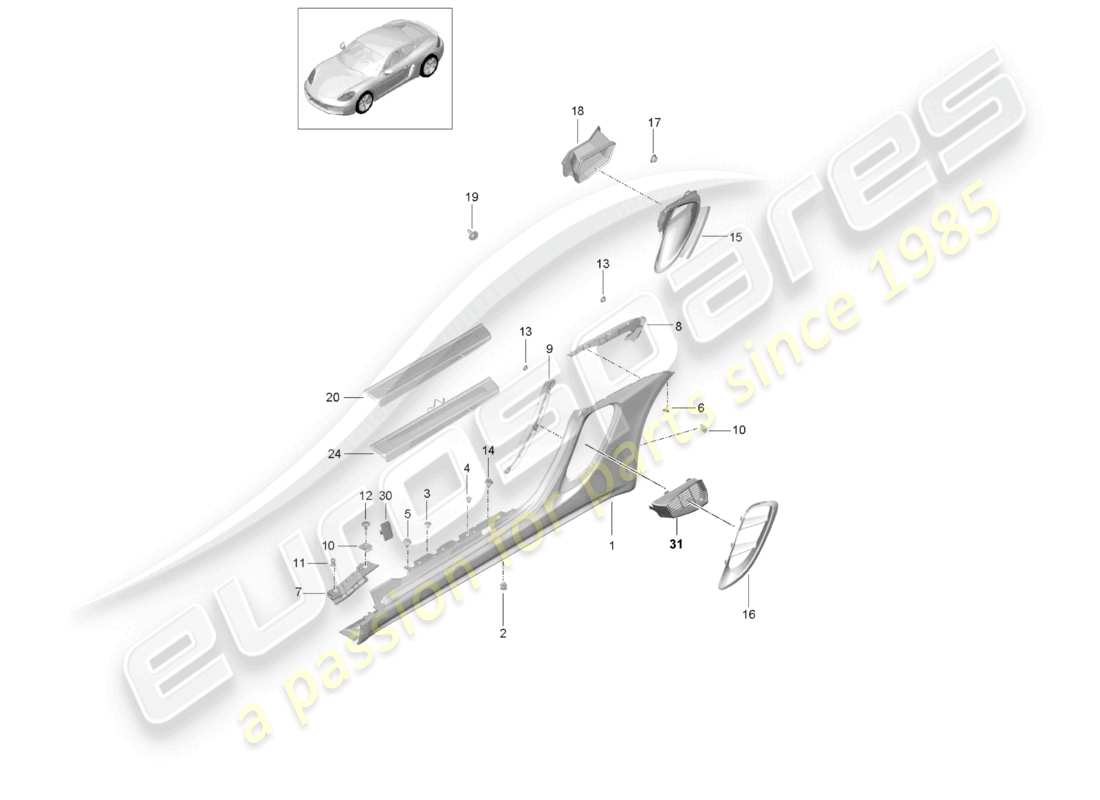 porsche 2024 (718 cayman) diagrama de piezas del compartimento del motor de la moldura del miembro lateral y guía de aire