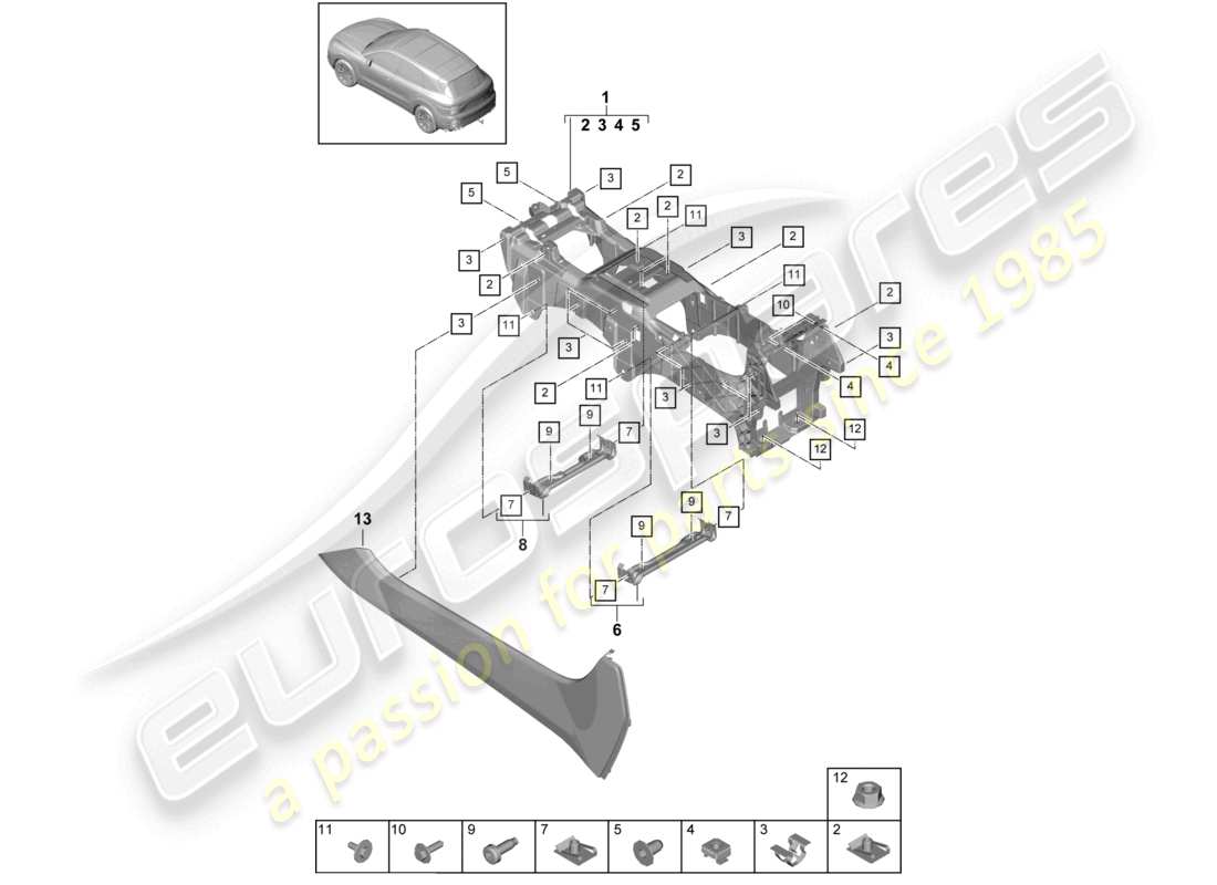 porsche 2023 (cayenne e3 9ya/9yb) diagrama de piezas de la consola central inferior