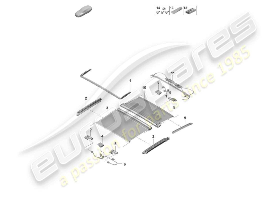 porsche 2024 (panamera 971-2) diagrama de piezas de accesorios para techo corredizo de vidrio
