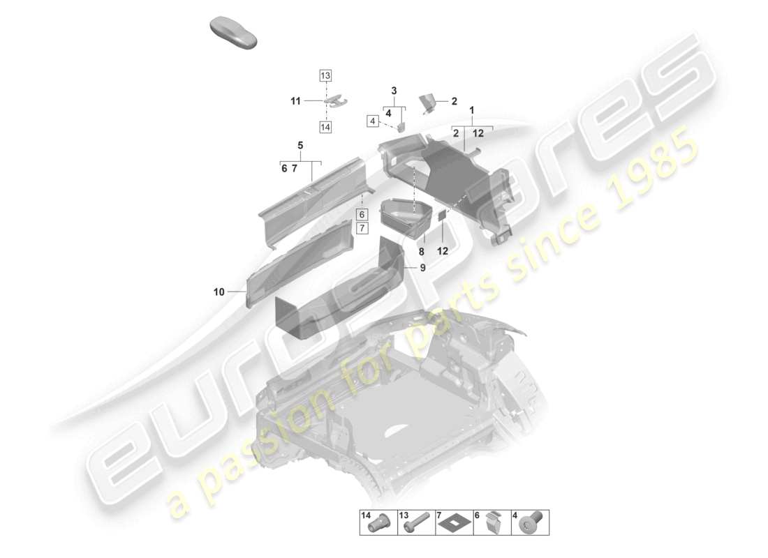porsche 2021 (taycan 9j1-1) diagrama de piezas del lateral del revestimiento del maletero