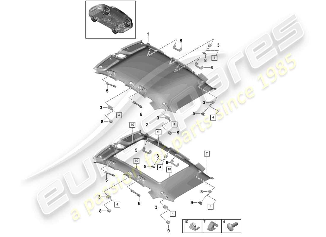 porsche 2023 (cayenne e3 9ya/9yb) diagrama de piezas de molduras de techo y accesorios