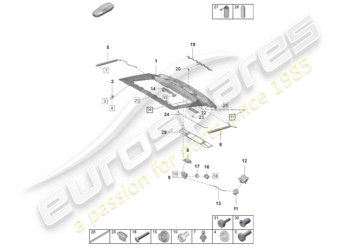 porsche 2024 (panamera 971-2) diagrama de piezas de la tapa trasera de la cubierta trasera