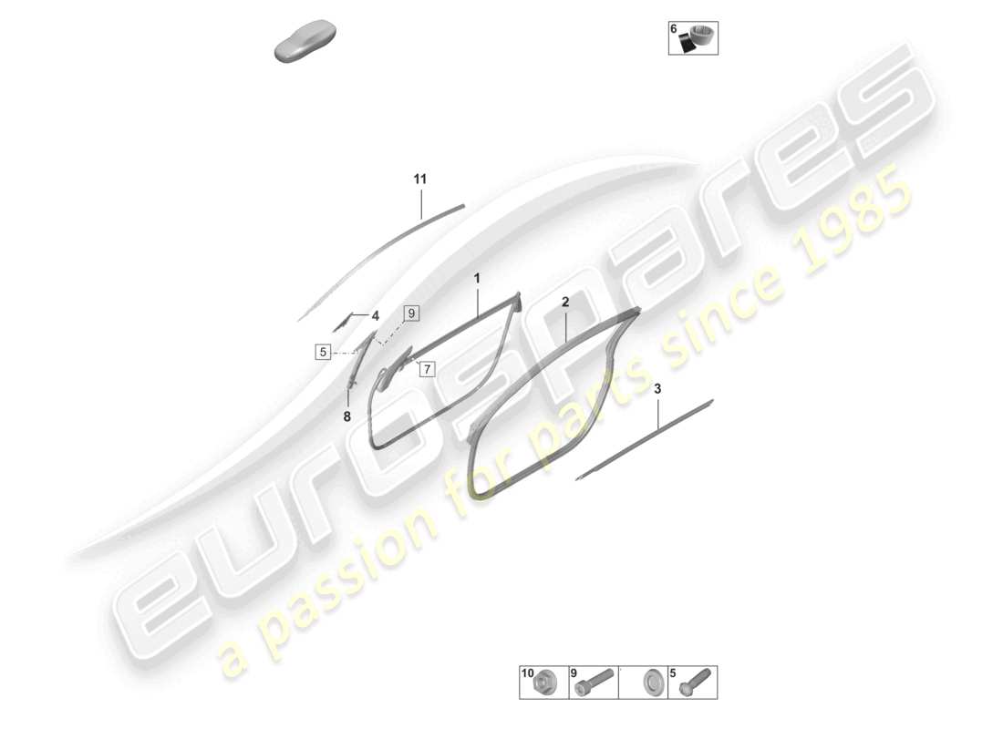 porsche 2021 (992-1 gt3/rs/st) diagrama de piezas de las molduras del sello de la puerta