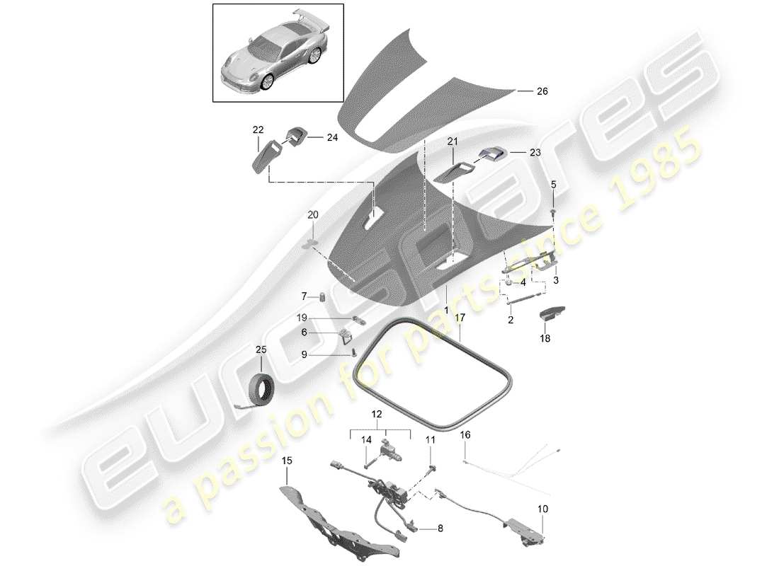 porsche 991 turbo (2018) diagrama de piezas de la campana
