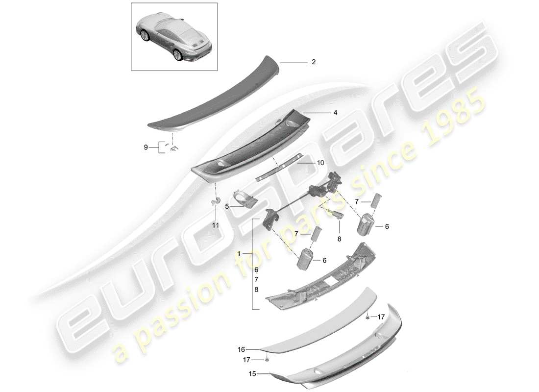 porsche 991 turbo (2018) diagrama de piezas del spoiler trasero
