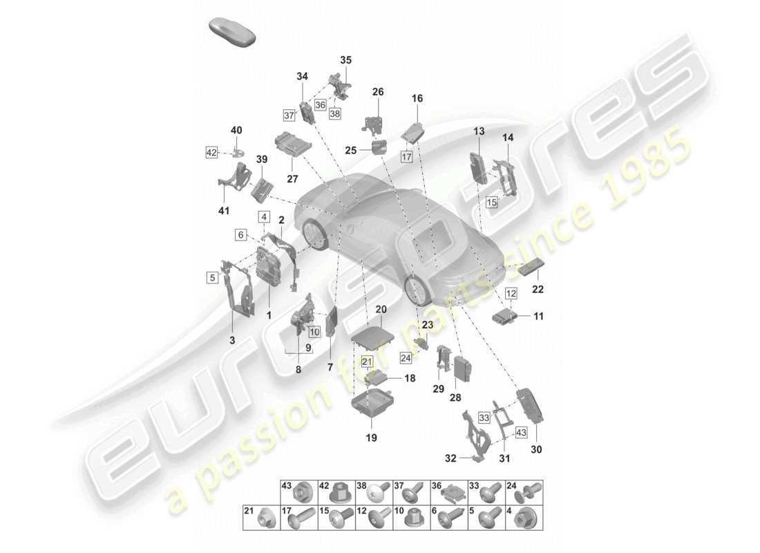 porsche 2022 (panamera 971-2) unidades de control motor caja de cambios unidad de control para bloqueos diferenciales enganche de remolque ayuda de estacionamiento unidad de control para puerta de enlace tapa trasera bomba de combustible freno de estacionamiento electrónico diagrama de piezas