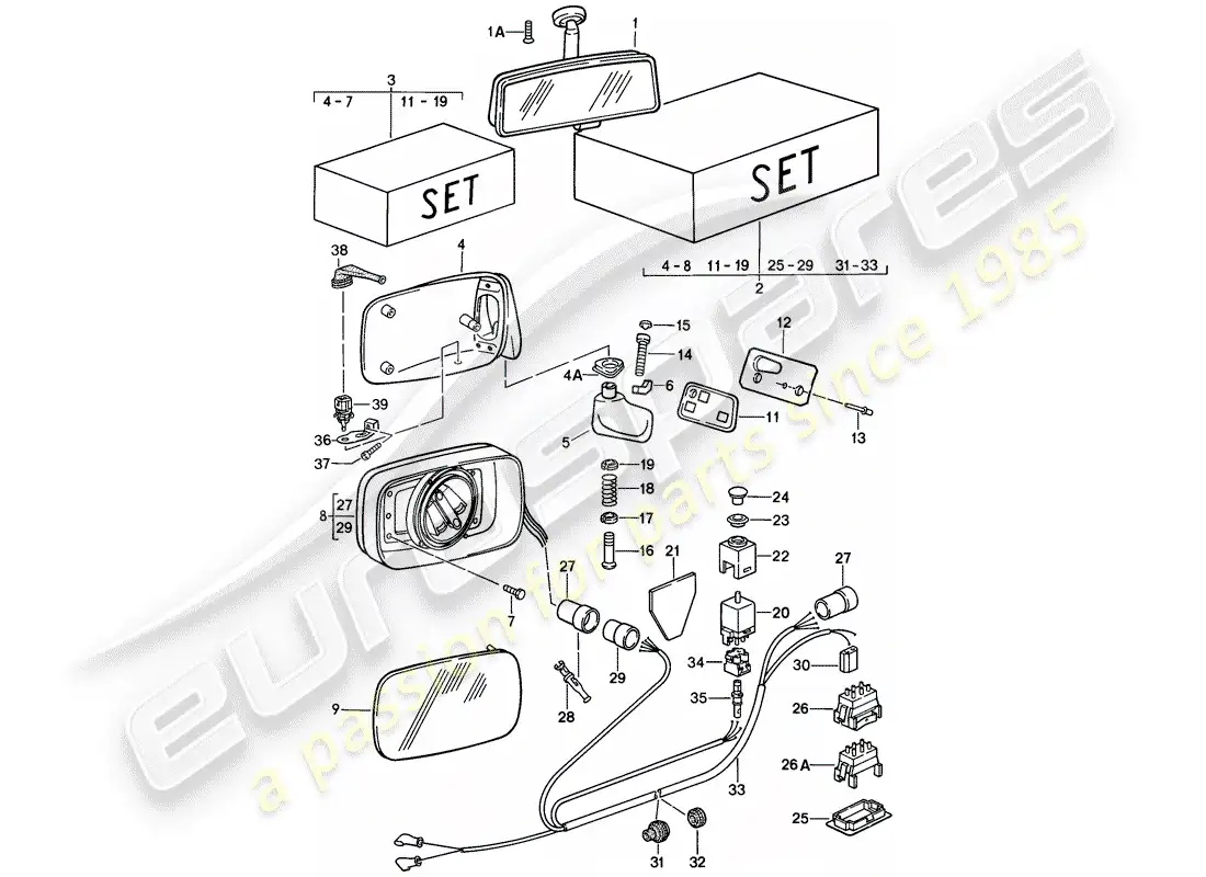 porsche 1989 (911) espejo retrovisor interior - espejo retrovisor diagrama de piezas