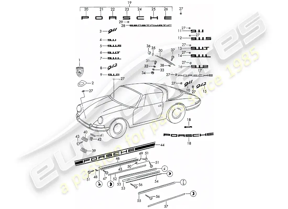 porsche 1969 (911/912) accesorios decorativos - d >> - mj 1968 diagrama de piezas