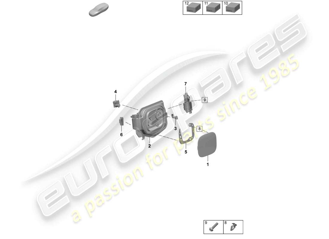 porsche 2025 (macan-e) diagrama de piezas del módulo de la tapa de carga izquierda a derecha de la tapa del zócalo de carga