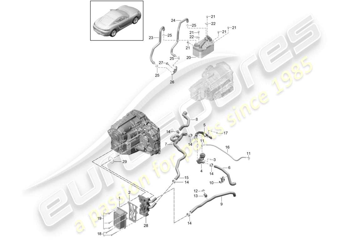 porsche 2025 (718 cayman) - pdk - diagrama de piezas del tubo de aceite del intercambiador de calor de la caja de cambios tubo de agua