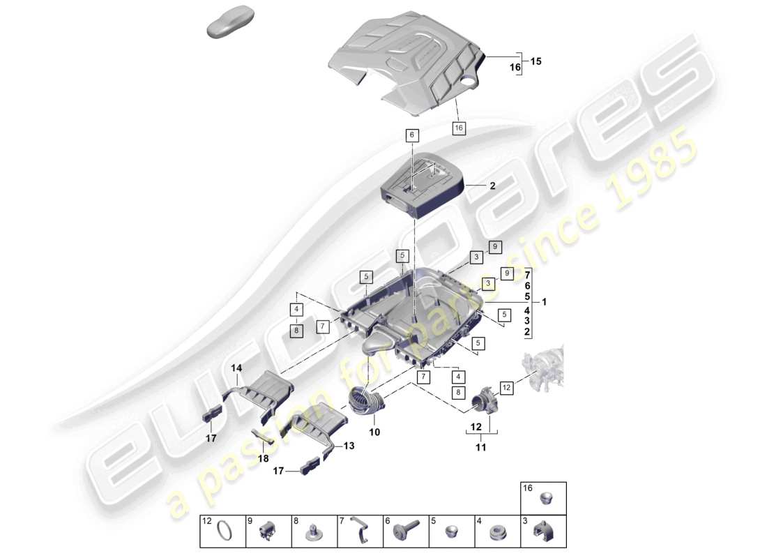 porsche 2023 (cayenne e3 pa) filtro de aire con piezas de conexión diagrama de piezas de la cubierta del motor