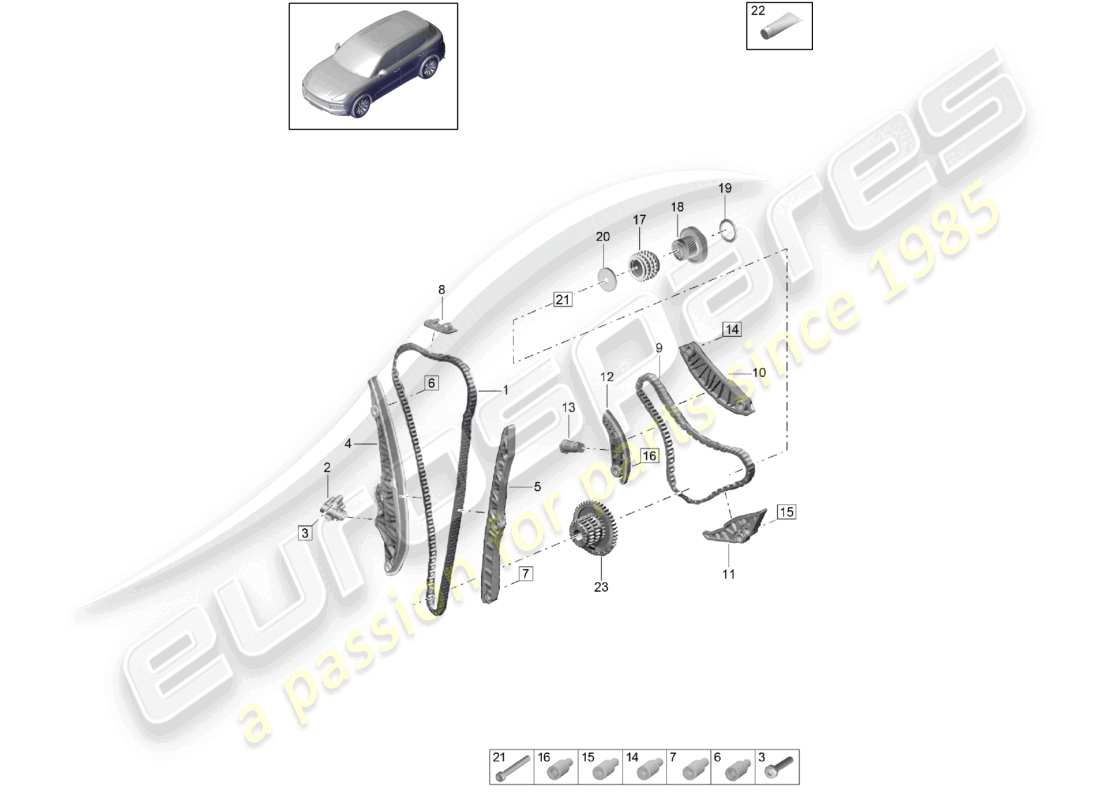 porsche 2023 (cayenne e3 9ya/9yb) diagrama de piezas del tensor de cadena del riel deslizante de la cadena de distribución