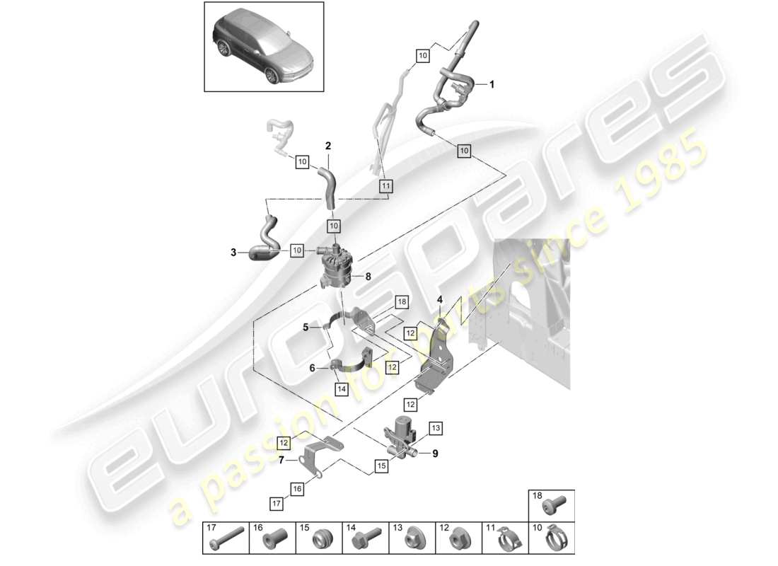 porsche 2023 (cayenne e3 9ya/9yb) calentador r4 circuito de baja temperatura delantero izquierdo para vehículos con propulsión híbrida diagrama de piezas