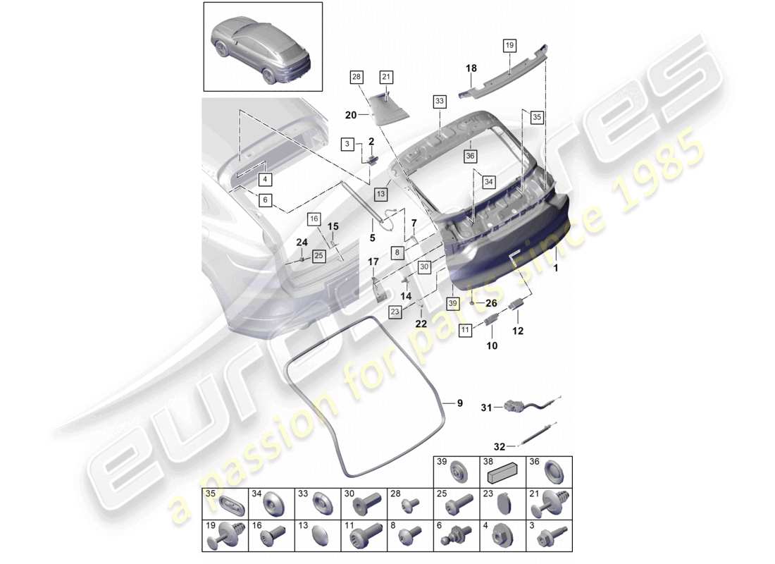 porsche 2022 (cayenne e3 9ya/9yb) diagrama de piezas del capó trasero del cupé