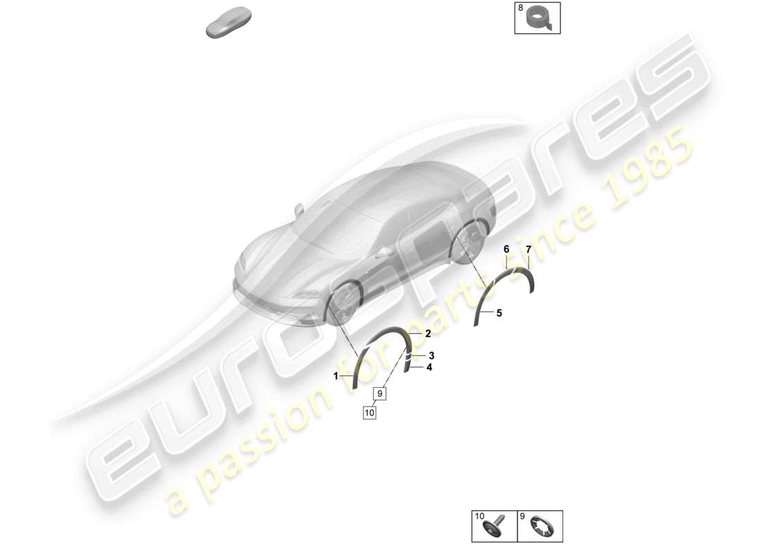 porsche 2026 (taycan 9j1-2) embellecedor de la cubierta del paso de rueda diagrama de piezas