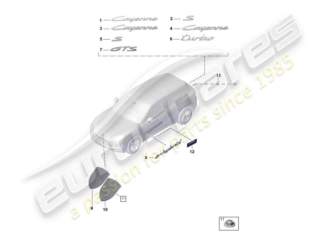 porsche 2025 (cayenne e3 pa) inscripciones/letras delanteras y traseras porsche cresta lateral exterior diagrama de piezas