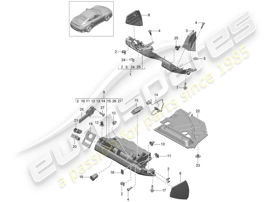 porsche 991 turbo (2018) diagrama de piezas de la guantera