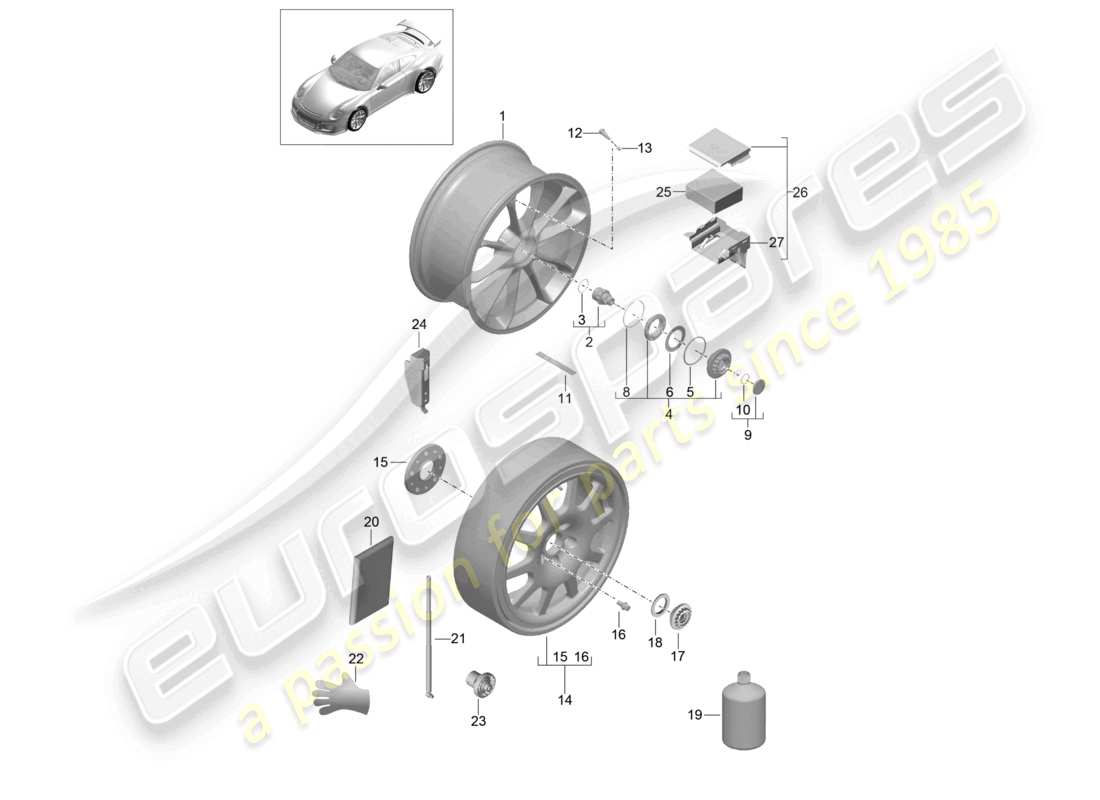 porsche 2021 (991-2 r/gt3/rs) llanta de aleación cierre centralizado d - mj 2018>> diagrama de piezas