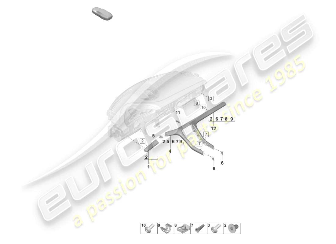 porsche 2021 (taycan 9j1-1) diagrama de piezas de cubierta y moldura frontal para tablero