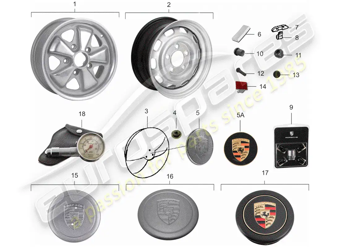 porsche 1969 (911/912) ruedas diagrama de piezas
