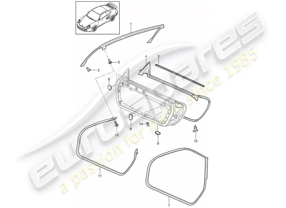 porsche 2011 (997-2 turbo / gt2 rs) diagrama de piezas del sello de puerta