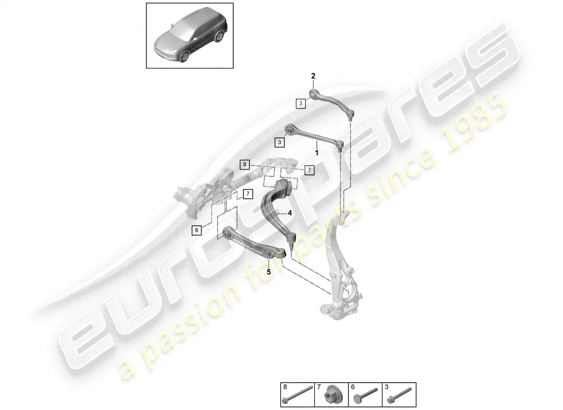 porsche 2020 (cayenne e3 9ya/9yb) brazo de control de oruga diagrama de piezas