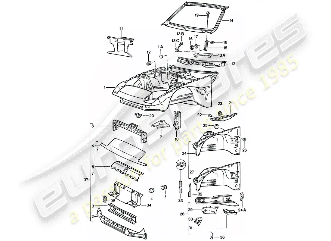 porsche 1984 (944) sección frontal del cuerpo diagrama de piezas