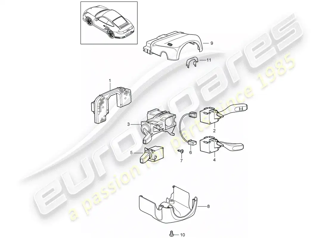 porsche 2011 (997-2 turbo / gt2 rs) diagrama de piezas del interruptor de la columna de dirección