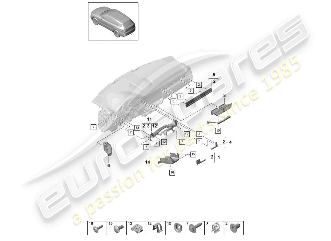 porsche 2023 (cayenne e3 9ya/9yb) diagrama de piezas de accesorios del panel de instrumentos delantero