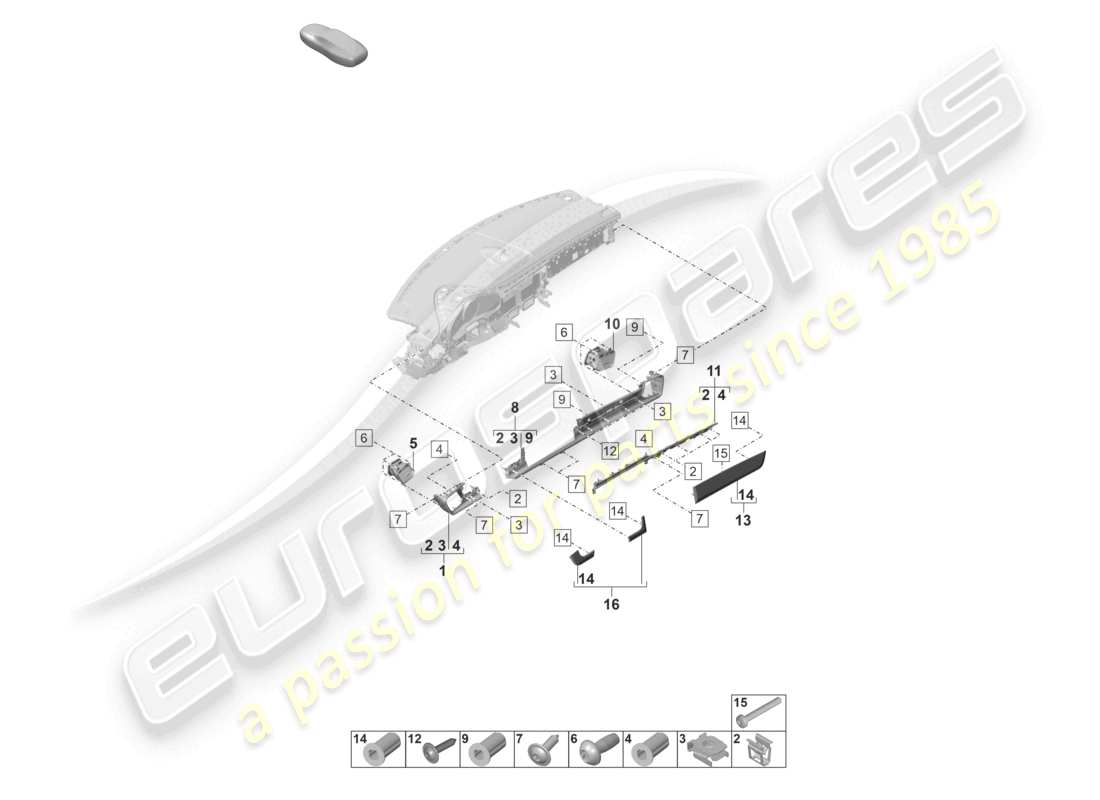 porsche 2022 (panamera 971-2) diagrama de piezas de las molduras delanteras de las piezas de fijación del panel del tablero