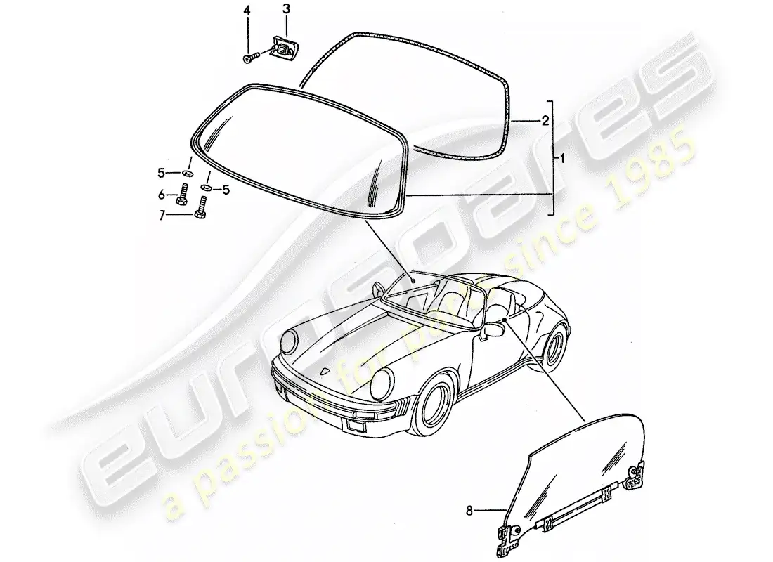 porsche 1988 (911) acristalamiento de ventanas diagrama de piezas