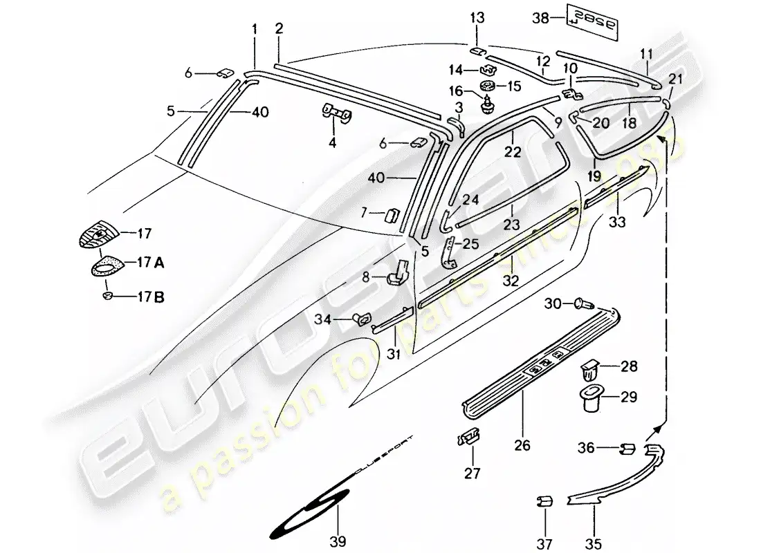 porsche 1989 (928) accesorios decorativos - equipamiento exterior diagrama de piezas