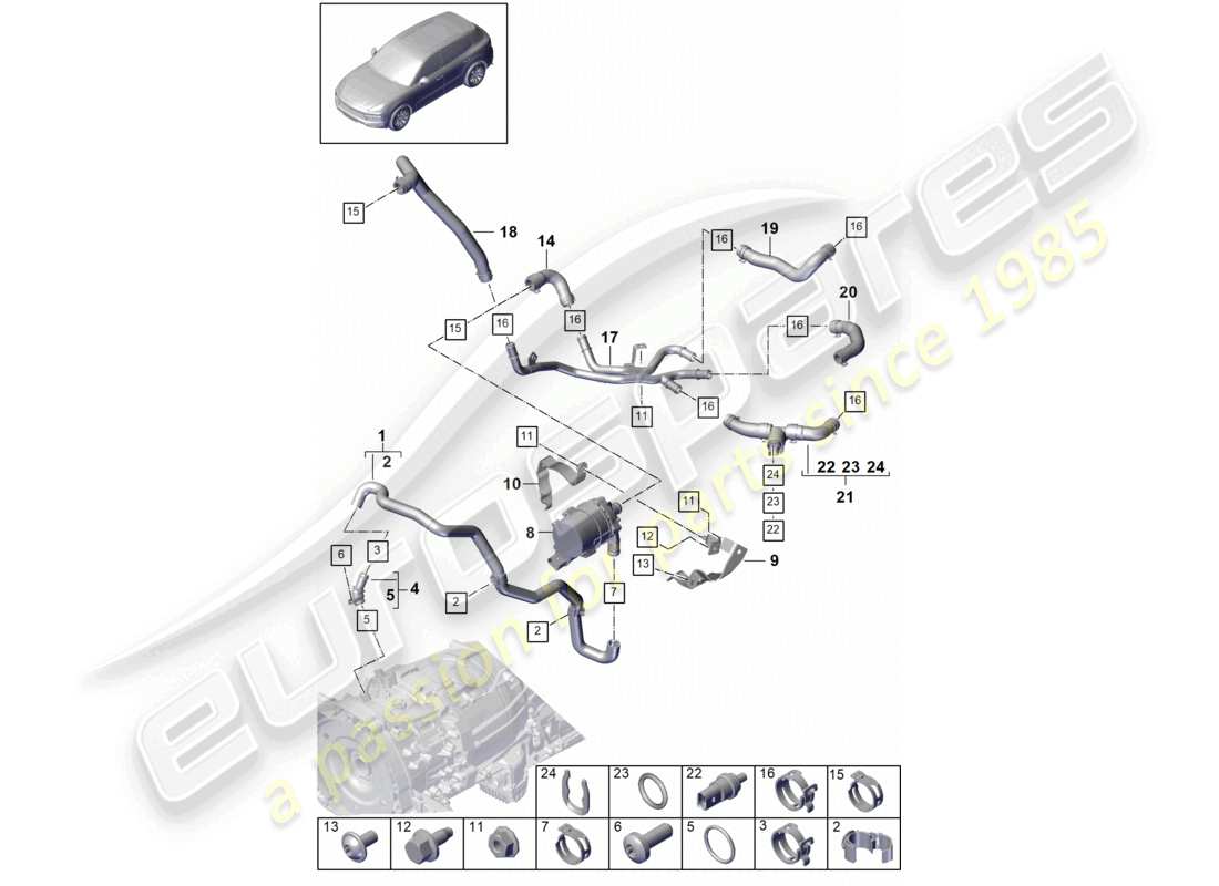porsche 2022 (cayenne e3 9ya/9yb) diagrama de piezas de las mangueras del sistema de enfriamiento del refrigerante