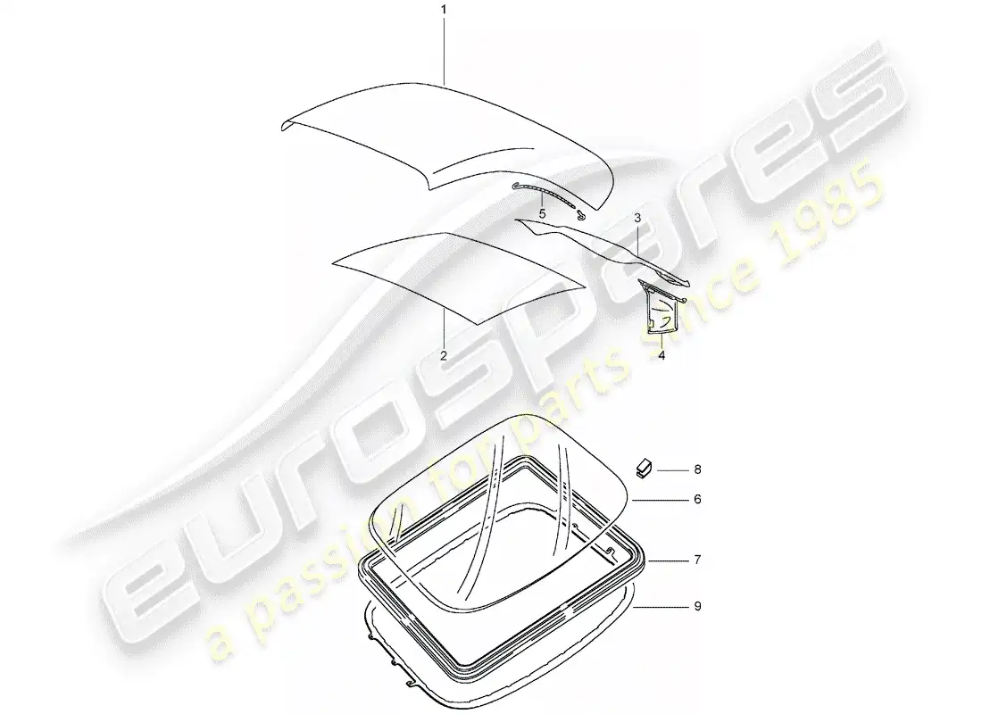 porsche 2004 (996 turbo / gt2) cobertura superior convertible - revestimiento de techo diagrama de piezas
