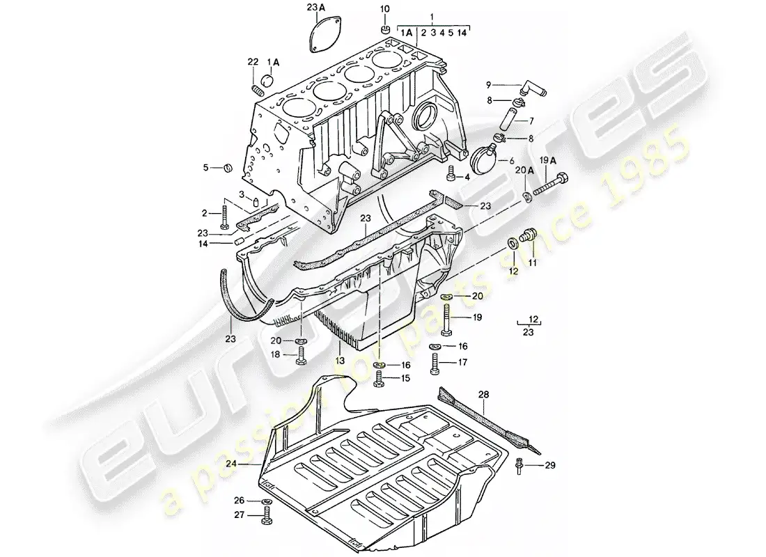 porsche 1984 (924) bloque de cilindros - con pistones - cárter de aceite - placa protectora para motor diagrama de piezas