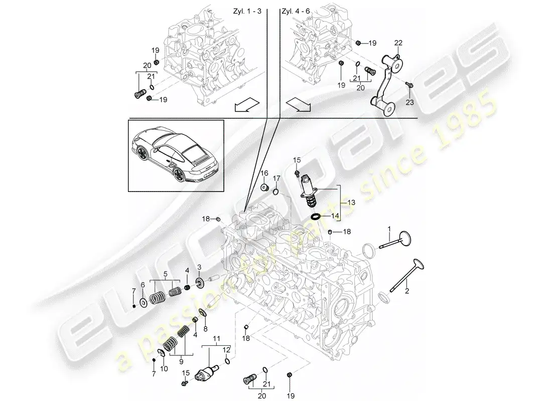 porsche 2011 (997-2 turbo / gt2 rs) cabeza de cilindro diagrama de piezas