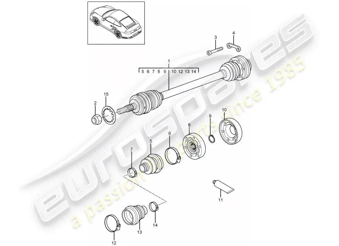 porsche 2013 (997-2 turbo / gt2 rs) eje de accionamiento diagrama de piezas