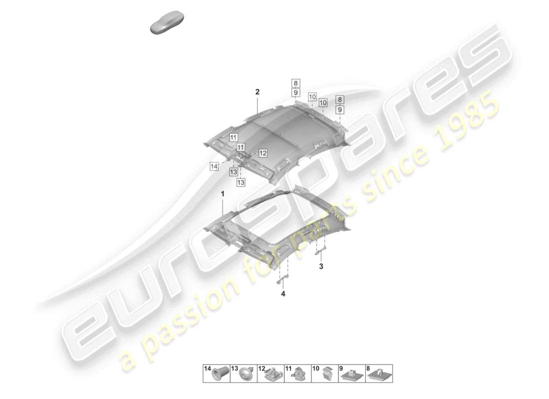 porsche 2021 (taycan 9j1-1) diagrama de piezas del revestimiento del techo moldeado