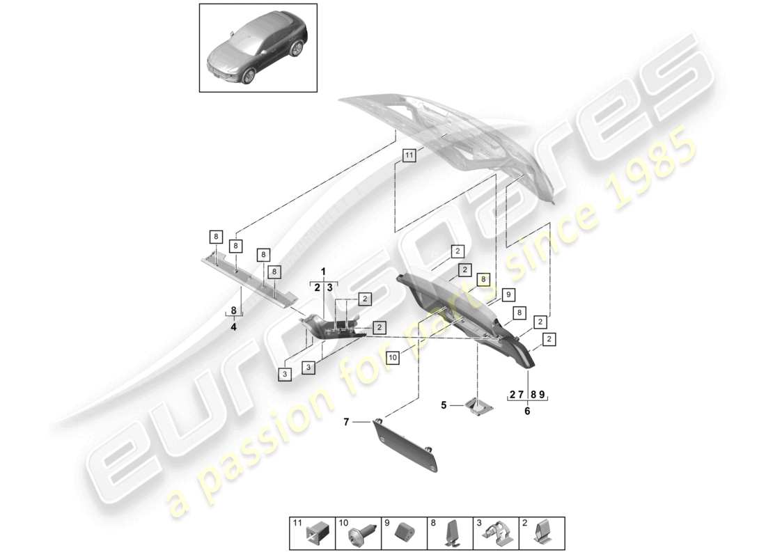 porsche 2023 (cayenne e3 9ya/9yb) diagrama de piezas del panel de acabado de la tapa trasera