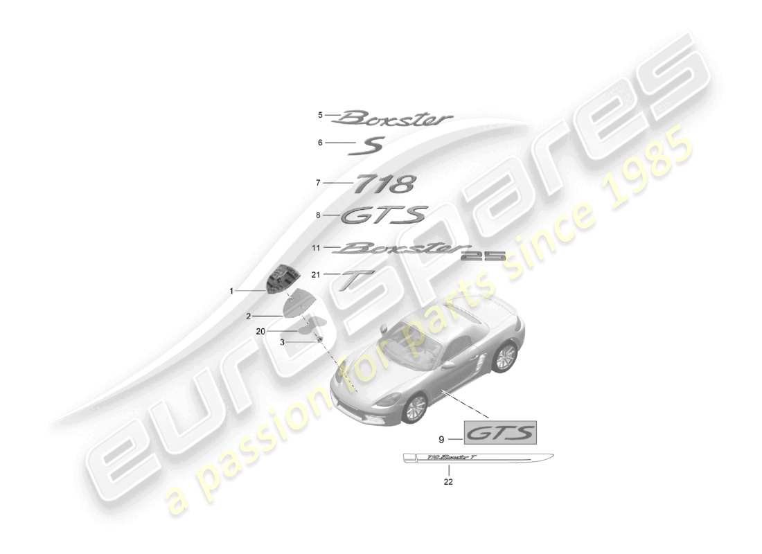 porsche 2025 (718 boxster) diagrama de piezas de molduras de inscripciones/letras
