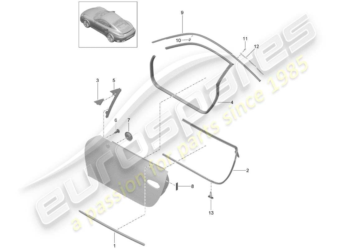 porsche 991 turbo (2018) diagrama de piezas del sello de puerta
