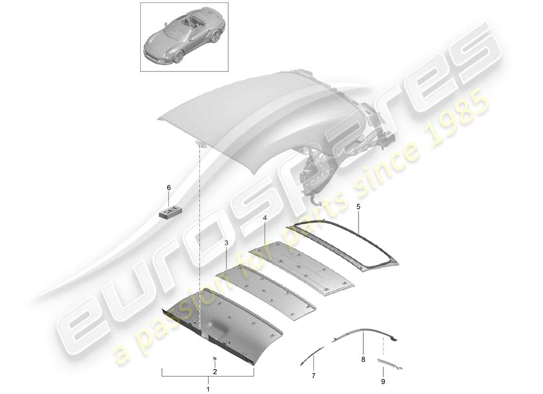 porsche 991 turbo (2018) diagrama de piezas de capota convertible