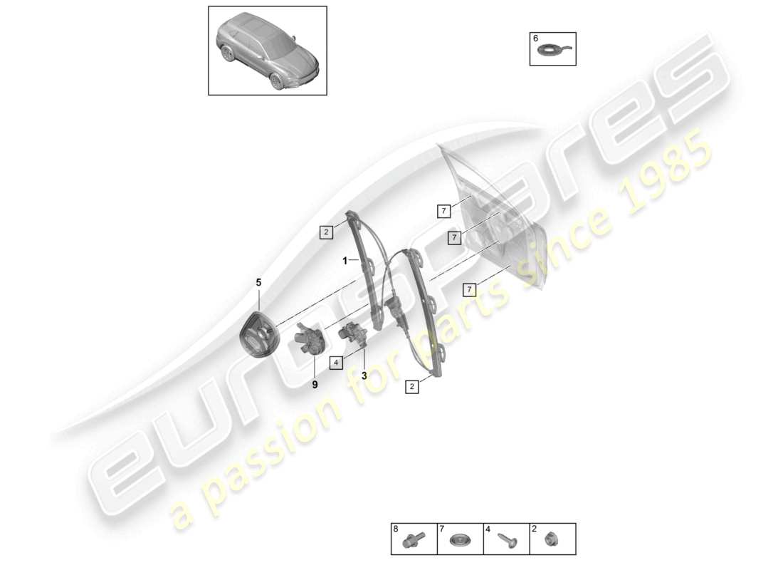 porsche 2023 (cayenne e3 9ya/9yb) diagrama de piezas del soporte del conjunto del regulador de ventana delantero