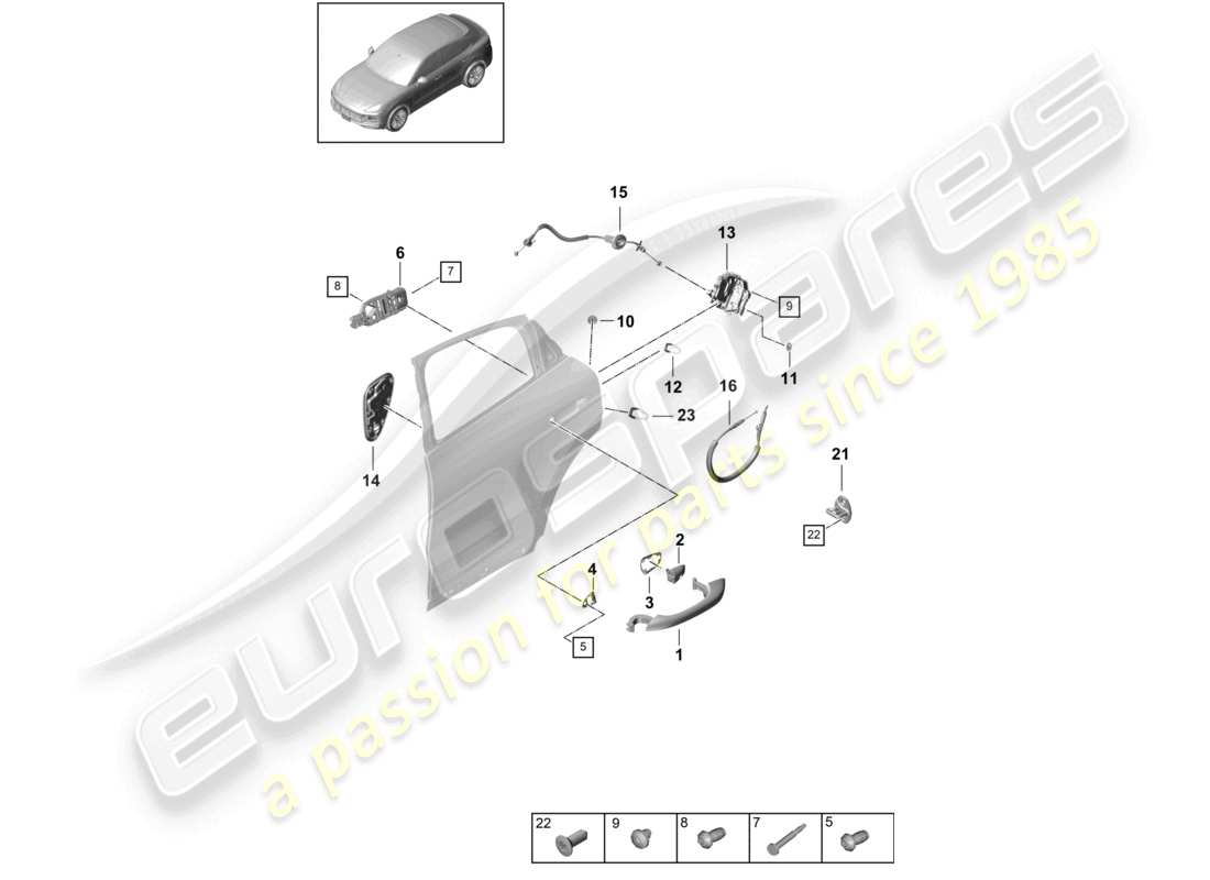 porsche 2023 (cayenne e3 9ya/9yb) manija de la puerta, cerradura de puerta trasera exterior diagrama de piezas del cupé