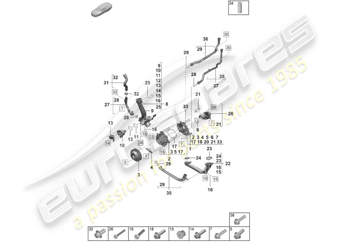 porsche 2023 (992-1) diagrama de piezas de la carcasa del termostato del termostato de la bomba de refrigerante