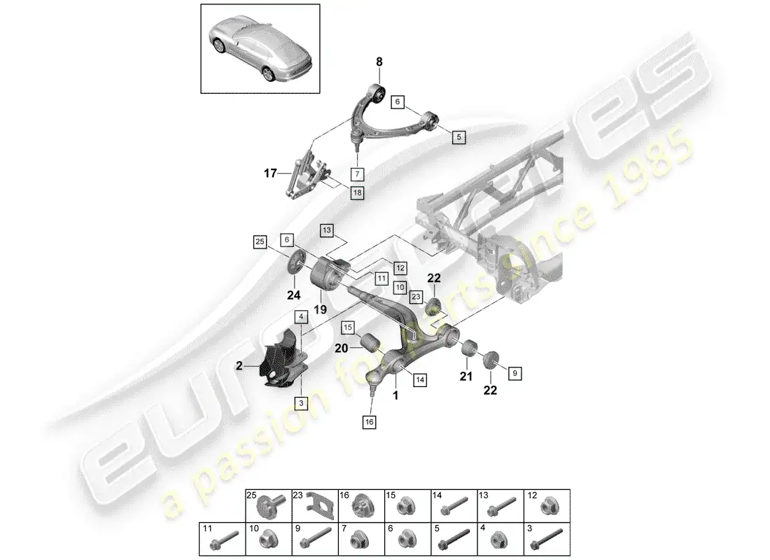 porsche 2017 (panamera 971-1) brazo de control de oruga diagrama de piezas