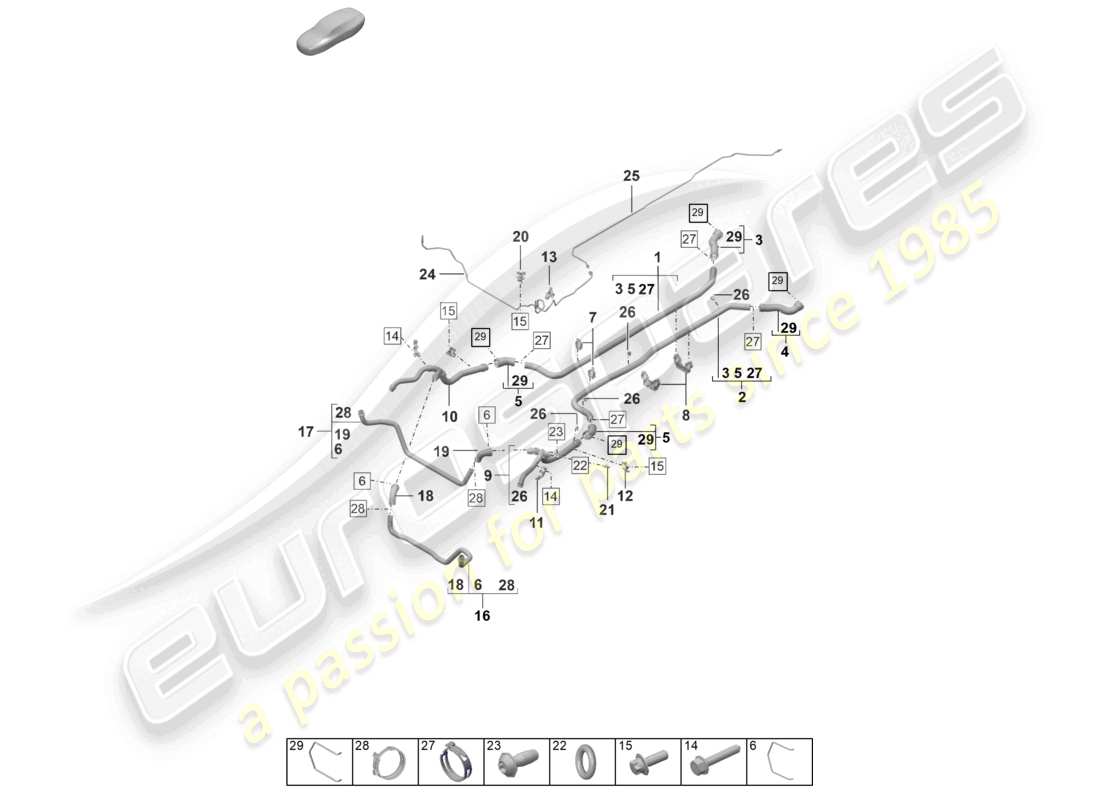 porsche 2021 (992-1 gt3/rs/st) diagrama de piezas del extremo delantero del sistema de enfriamiento del refrigerante