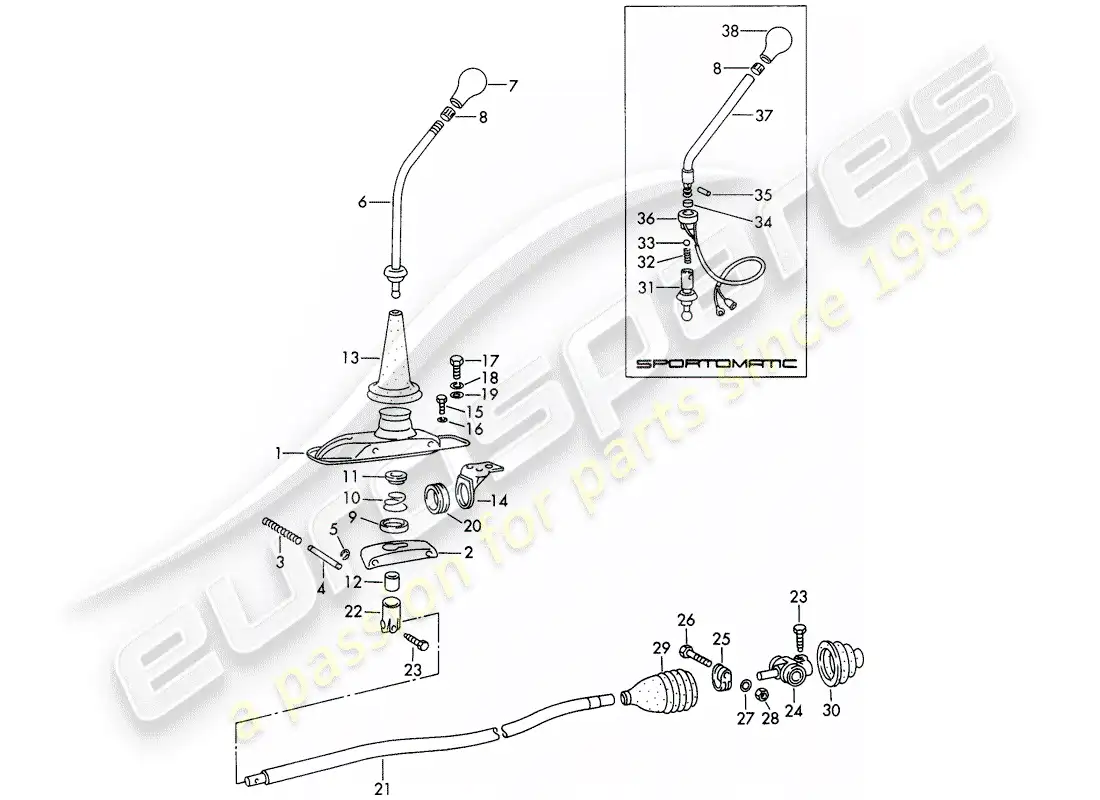 porsche 1965 (911/912) control de transmisión diagrama de piezas